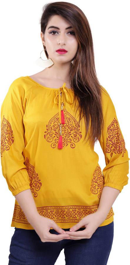 Casual Bishop Sleeve Printed Women Yellow Top Price in India