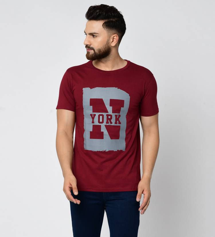 Printed Men Round Neck Maroon T-Shirt