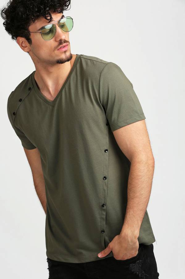 Solid Men V Neck Light Green T-Shirt