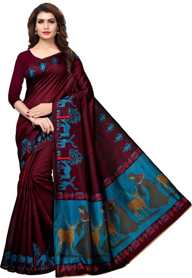 Printed, Animal Print Kalamkari Art Silk Saree