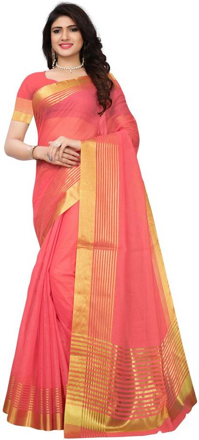 Striped Tant Cotton Blend, Poly Silk Saree