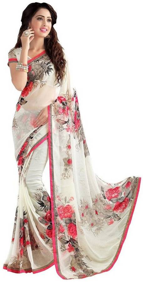 Printed, Self Design, Floral Print, Solid Daily Wear Poly Georgette Saree