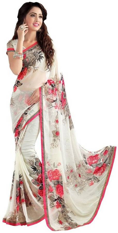 Printed, Self Design, Floral Print, Solid Daily Wear Poly Georgette Saree Price in India