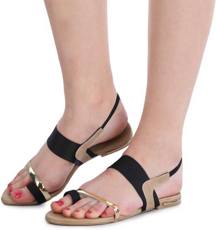 Women Black, Tan Flats Sandal