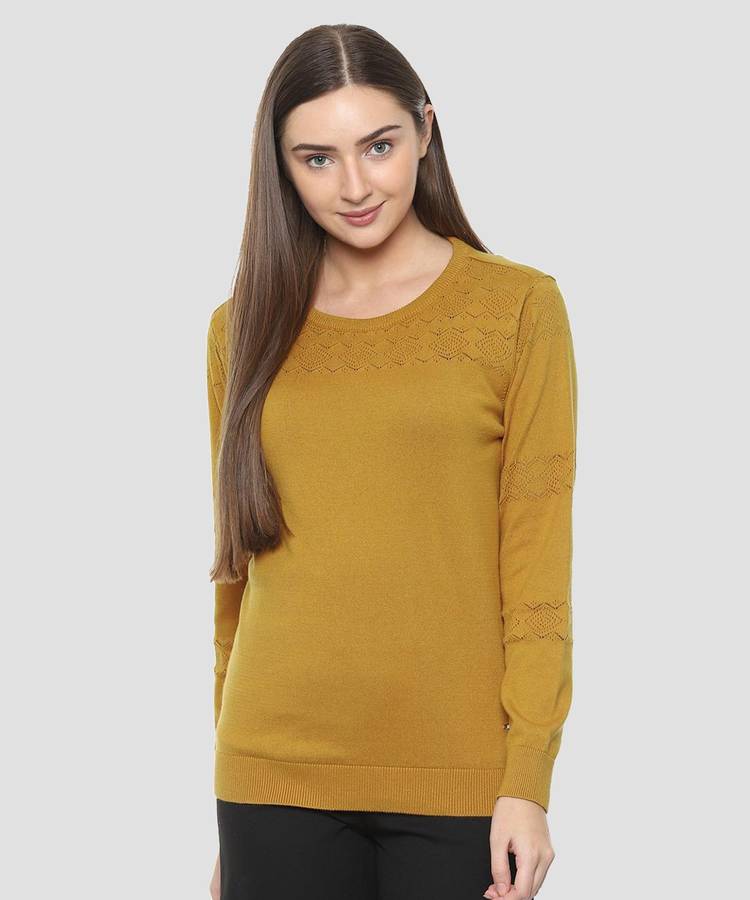 Self Design Round Neck Casual Women Yellow Sweater