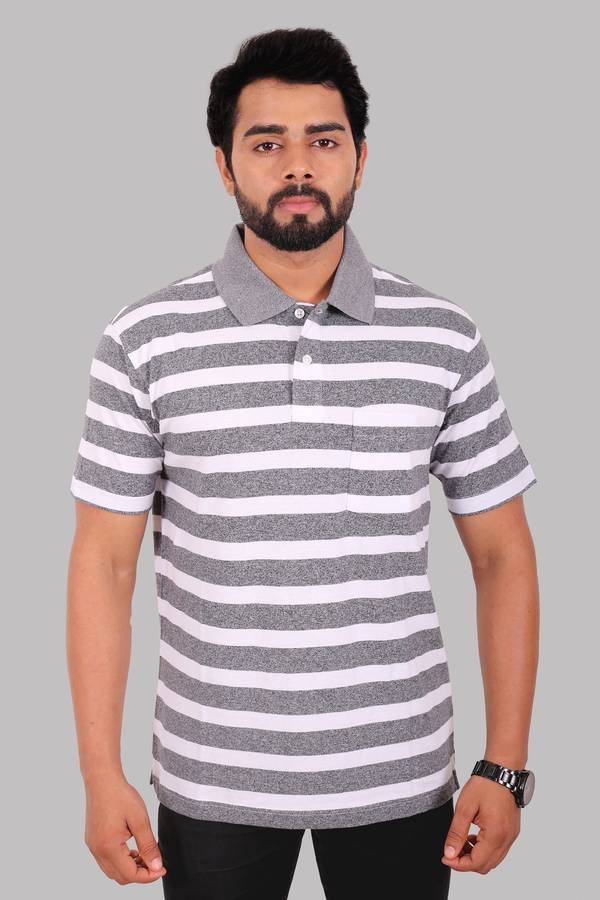 Striped Men Polo Neck Grey T-Shirt