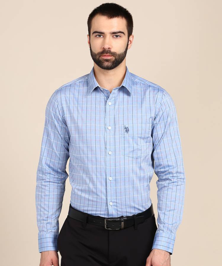 Men Slim Fit Checkered Button Down Collar Formal Shirt