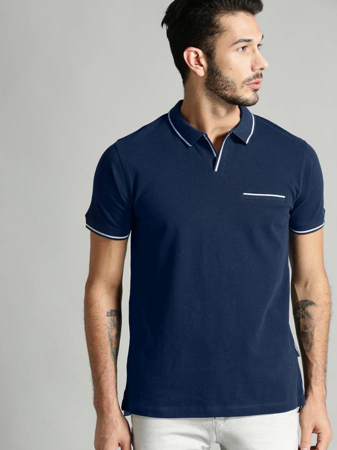 Solid Men Polo Neck Dark Blue T-Shirt Price in India