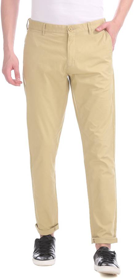 Slim Fit Men Cream Pure Cotton Trousers