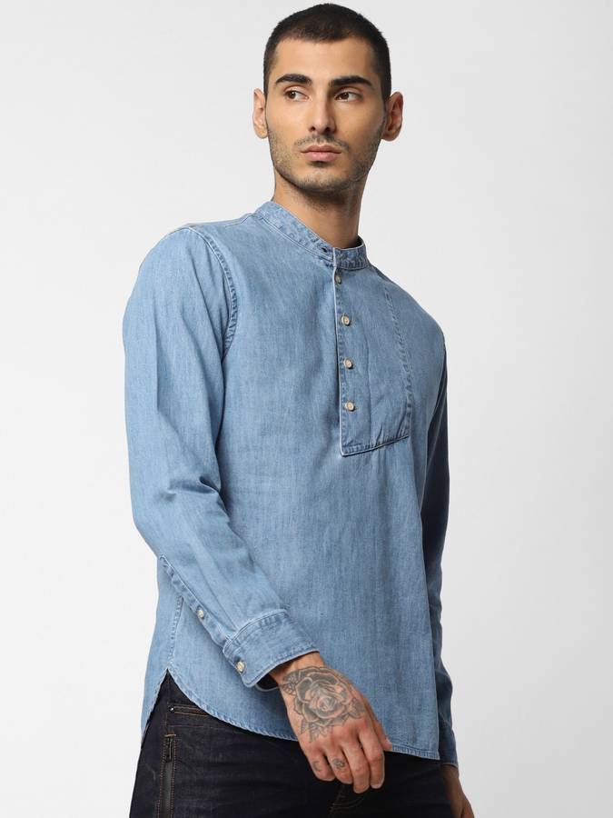 Men Embroidered Casual Mandarin Shirt