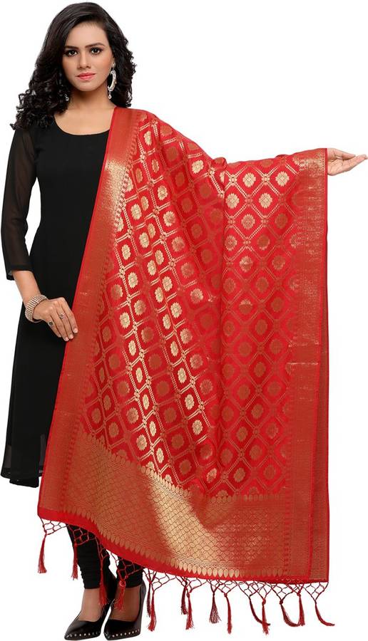 Pure Silk, Polycotton Woven Red Women Dupatta