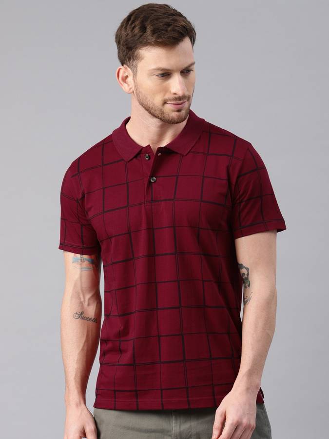 Checkered Men Polo Neck Red T-Shirt