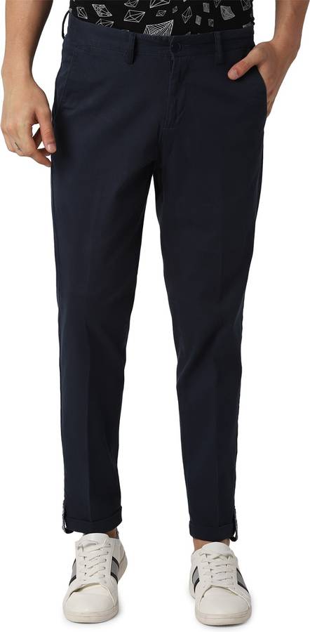 Tapered Men Blue Pure Cotton Trousers