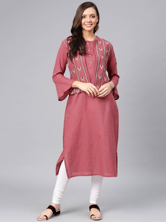 Women Self Design, Embroidered Cotton Blend Straight Kurta