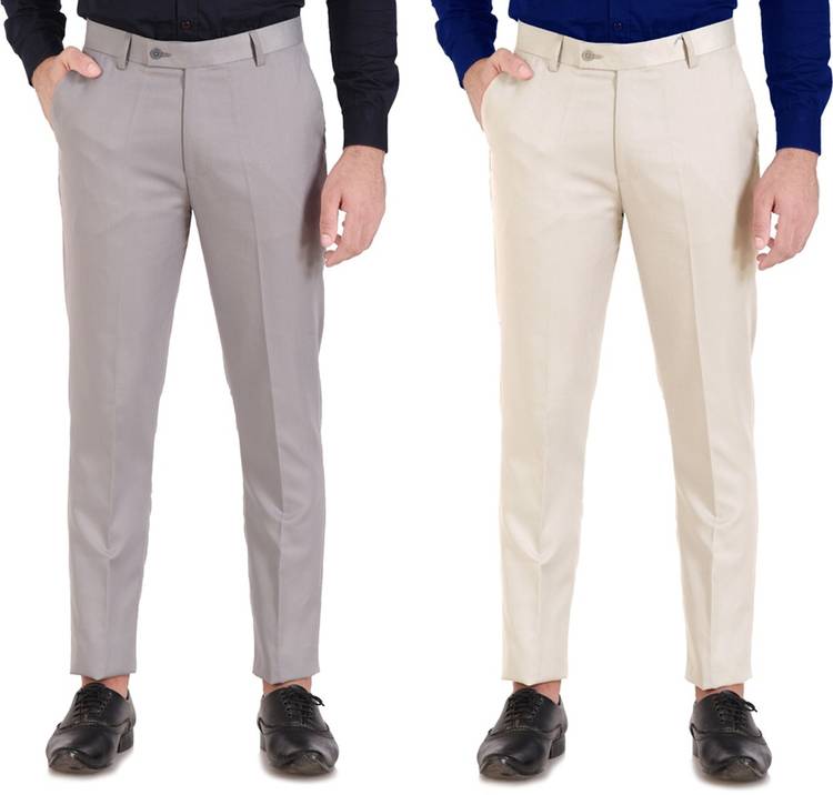 Slim Fit Men Grey, Cream Polycotton Trousers