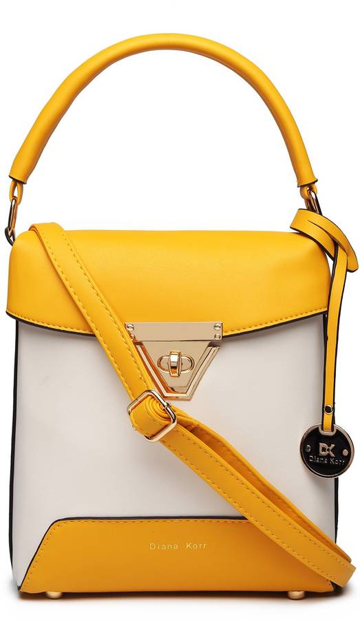 Women Yellow, White Hand-held Bag