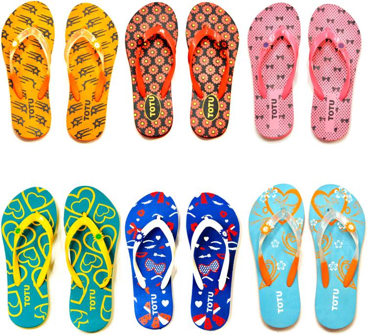 Womens Comfort Stylish Trending with colorful Printed Slippers combo (Pack Of 6 pairs) size 8 Flip Flops
