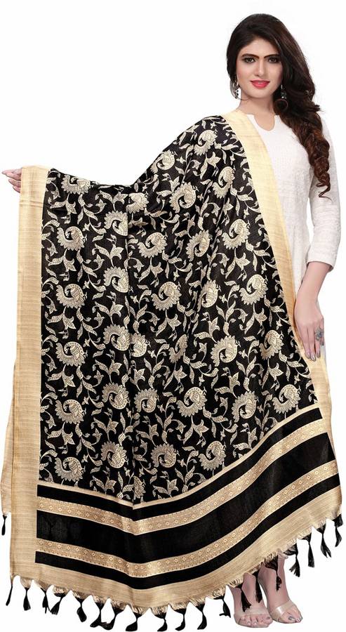 Art Silk Printed Black, Beige Women Dupatta