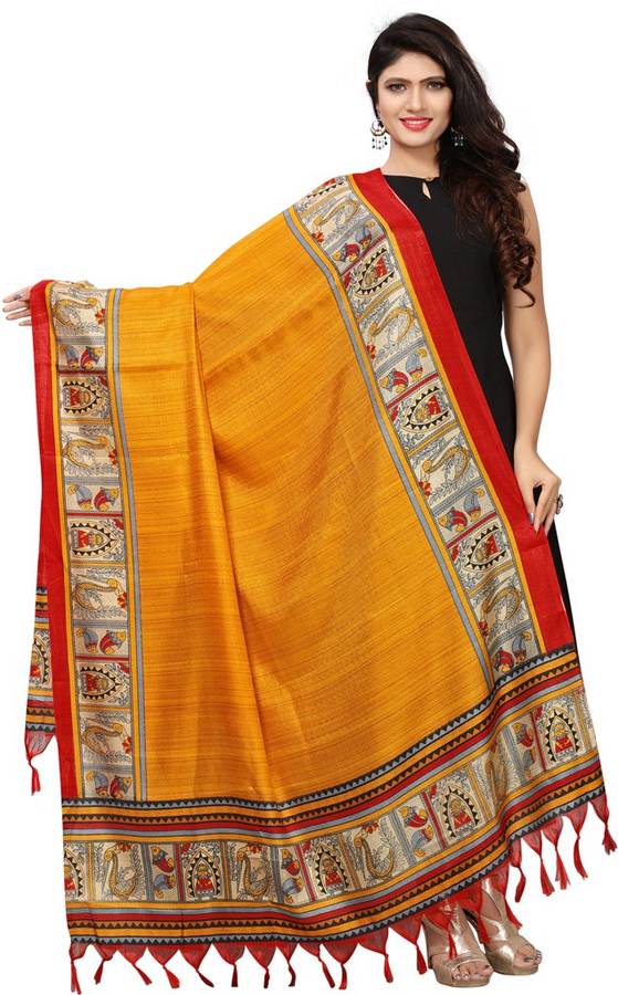 Art Silk Printed, Animal Print Red, Yellow Women Dupatta