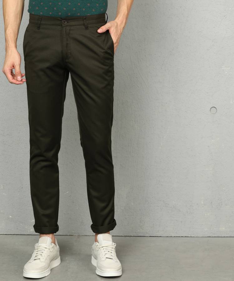 Slim Fit Men Polyester Dark Green Polyester Trousers