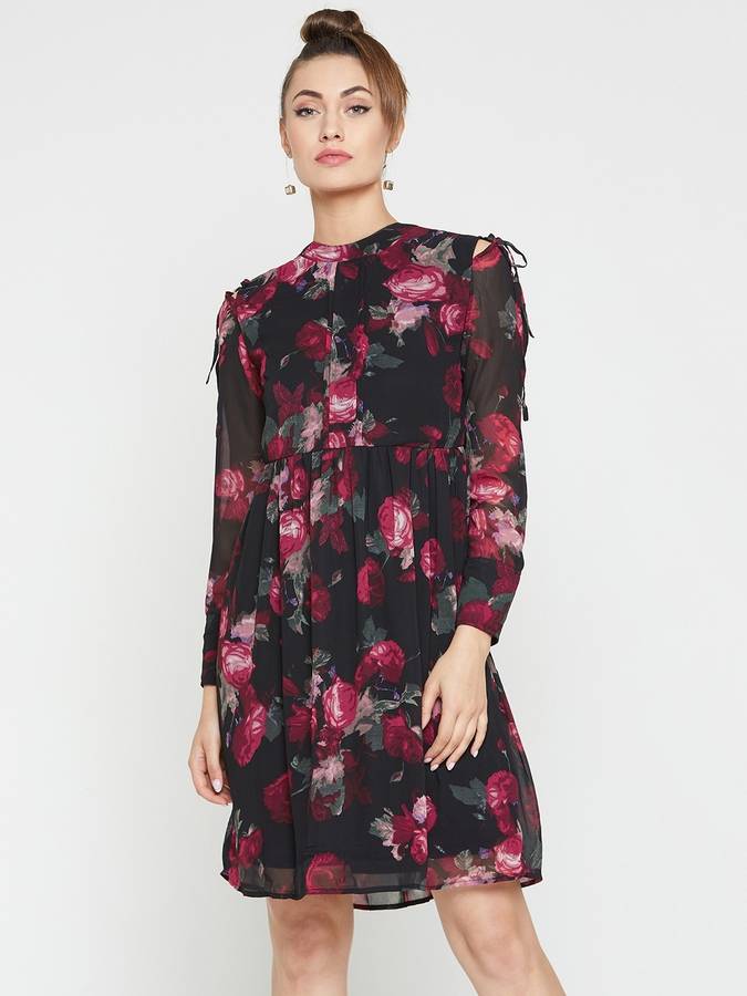 Women Fit and Flare Black, Pink Dress