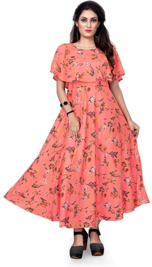Printed Crepe Blend Stitched Flared/A-line Gown