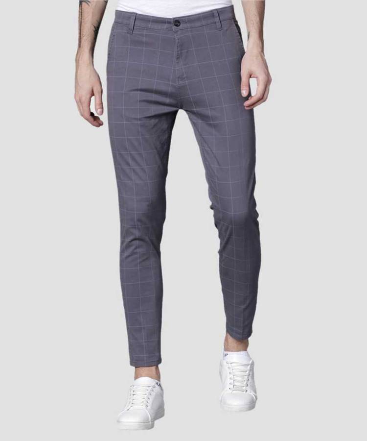 Slim Fit Men Grey Cotton Blend Trousers