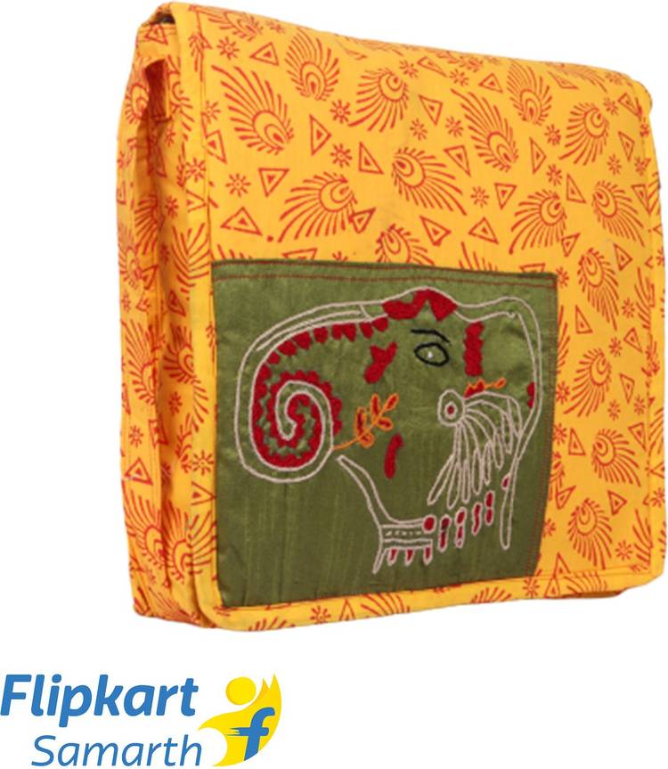 Indha Craft Hand Embroidered Elephant Face Motif Yellow Colour Cotton Jhola Sling Bag