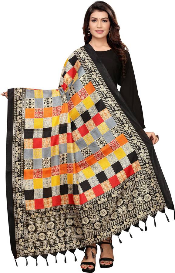 Khadi Silk, Art Silk Printed Black Women Dupatta