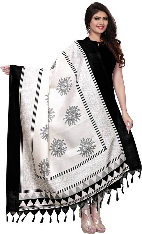 Art Silk Printed, Floral Print White, Black Women Dupatta