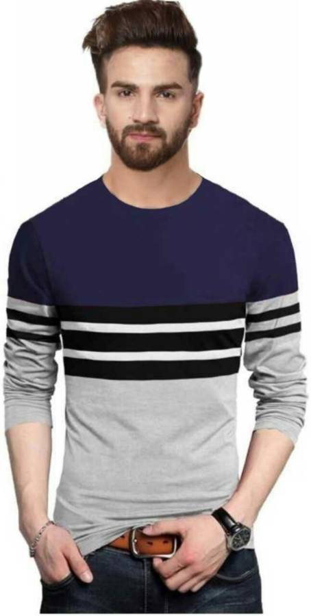 Striped Men Round Neck Dark Blue T-Shirt Price in India