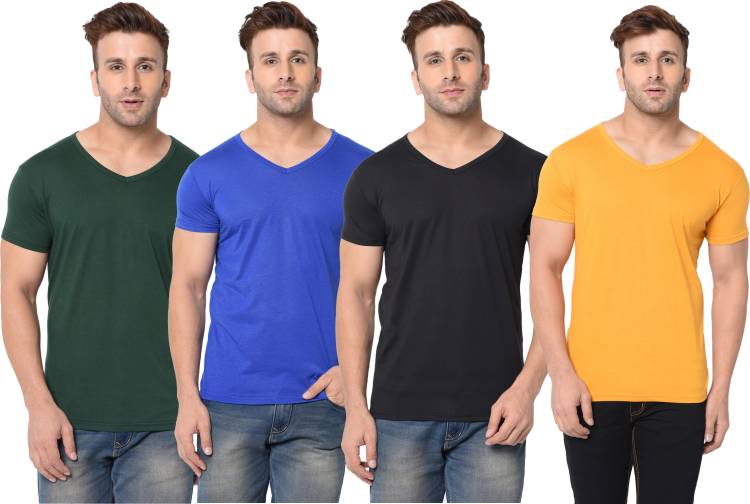 Solid Men V Neck Dark Blue, Dark Green, Black, Yellow T-Shirt