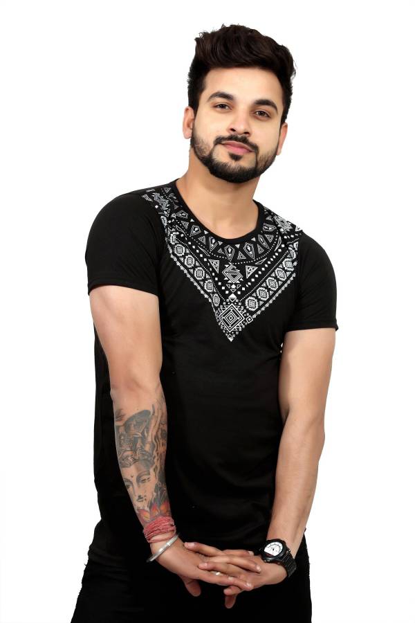 Printed Men Round Neck Black T-Shirt Price in India