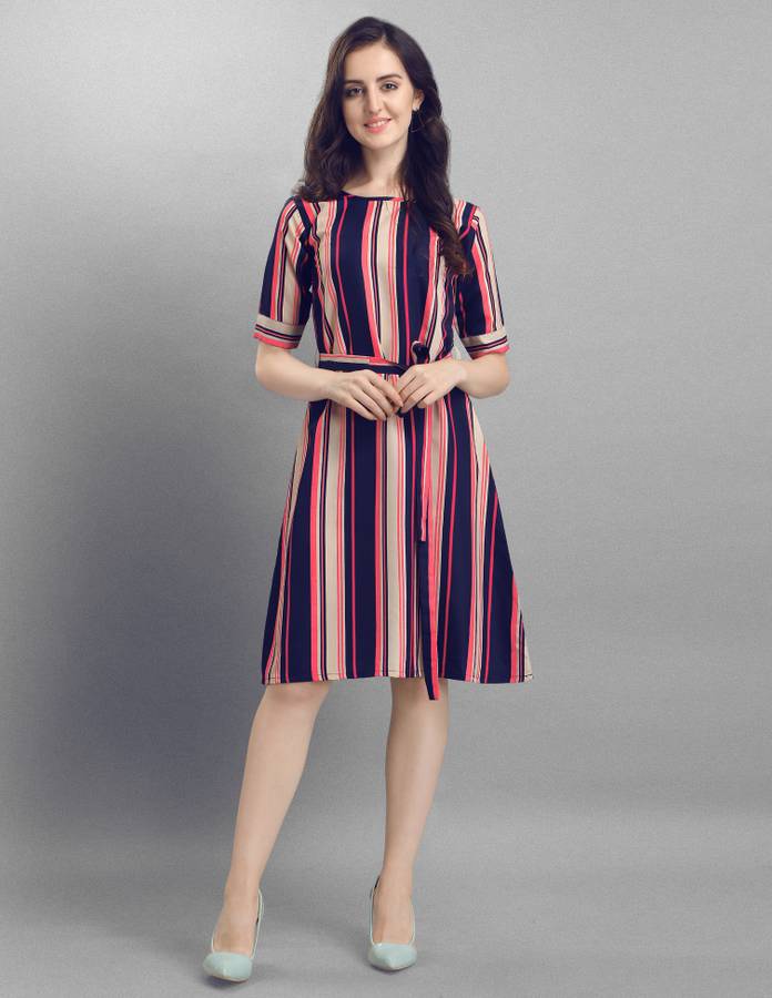 Women A-line Multicolor, Dark Blue, Pink, Beige Dress