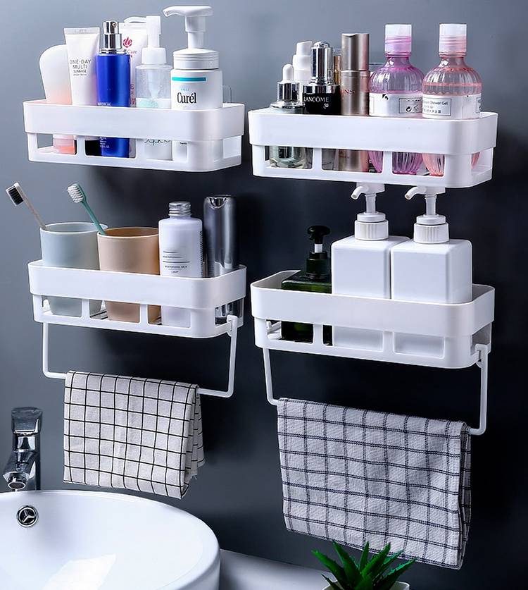WORA Decor for Kitchen Bathroom Self-adhesive Racks with Towel Hangers Plastic Wall Shelf
