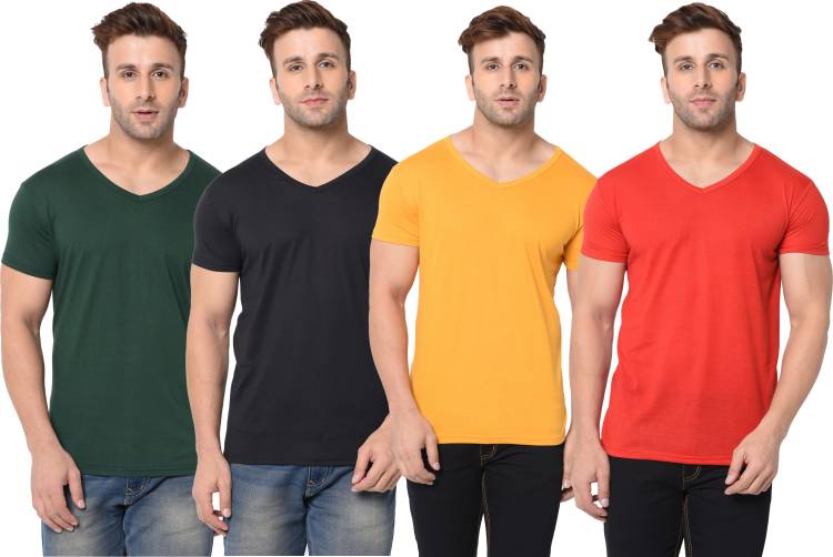 Solid Men V Neck Multicolor T-Shirt