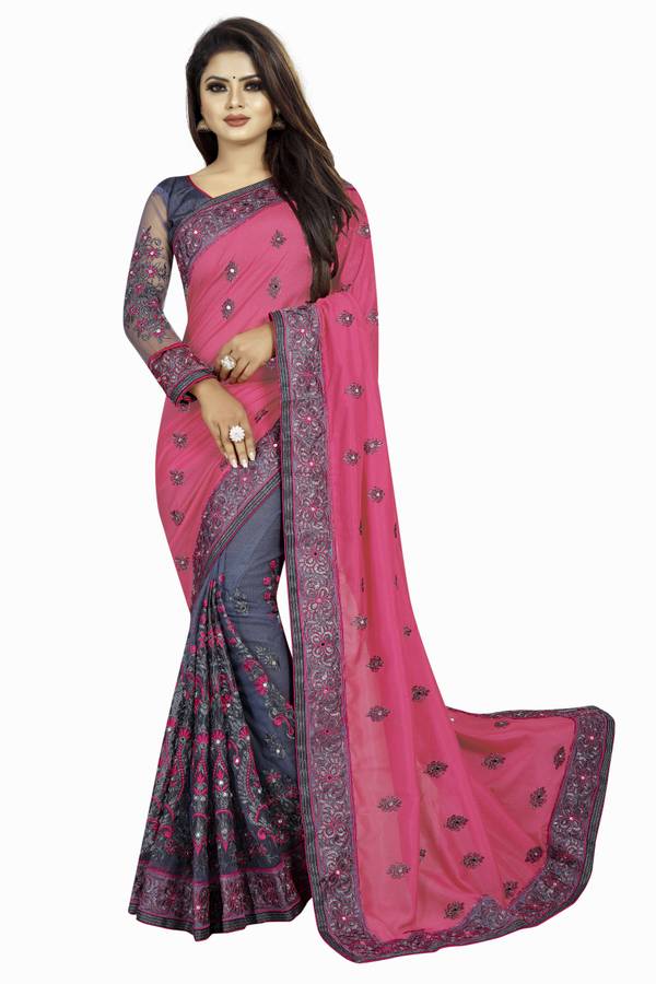 Embroidered Fashion Vichitra, Net Saree