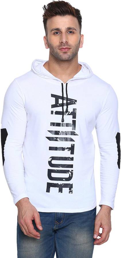 Typography Men Hooded Neck White T-Shirt