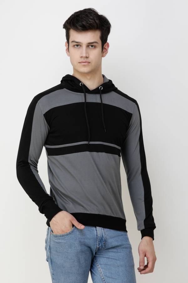 Color Block Men Hooded Neck Black, Grey T-Shirt