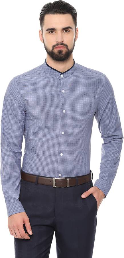 Men Super Slim Fit Printed Mandarin Collar Formal Shirt