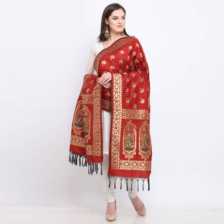 Silk Blend Woven Maroon Women Dupatta