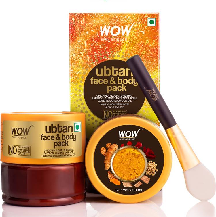 WOW Skin Science Ubtan Face & Body Pack with Chickpea Flour, Almond Shell Powder, Safron & Turmeric Extracts, Rose Water & Sandalwood Oil - No Sulphate, Parabens, Silicones & Color - 200 mL