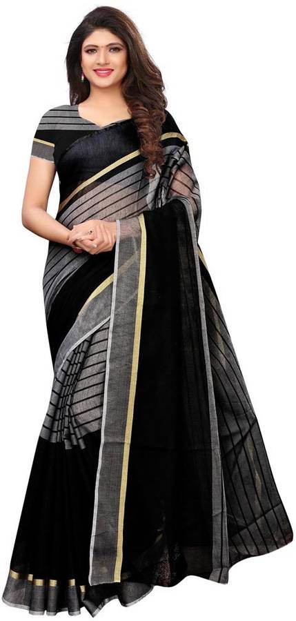 Striped, Woven Banarasi Cotton Silk Saree