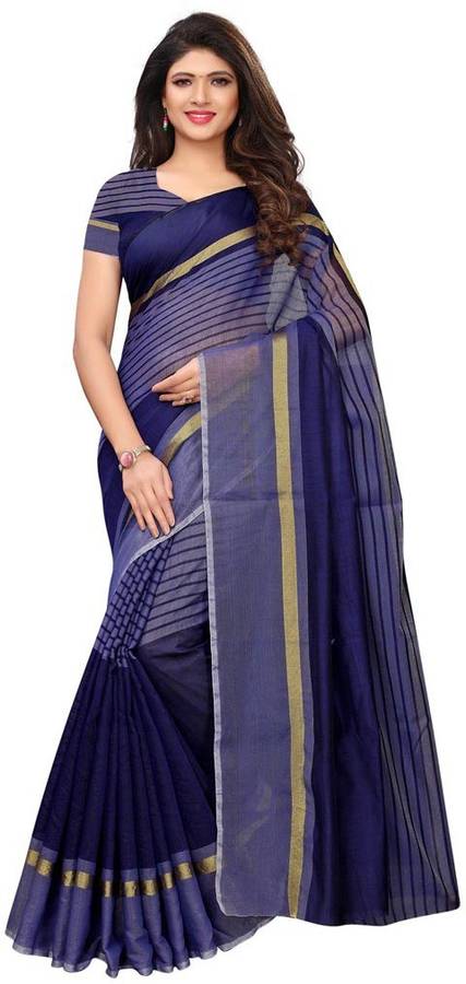 Striped, Woven Handloom Cotton Blend, Poly Silk Saree