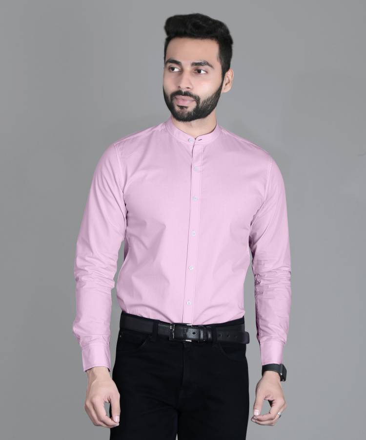 Men Slim Fit Solid Collarless Collar Formal Shirt