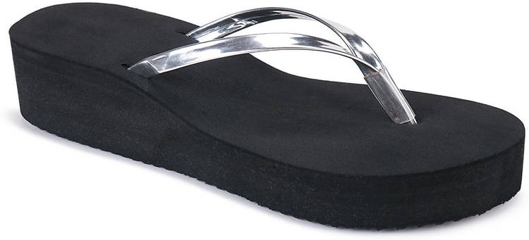 Womens Casual Comfort Stylish Black High Heel With Silver Strap Flip Flops