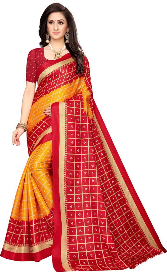 Printed, Geometric Print, Checkered Bandhani Poly Silk Saree