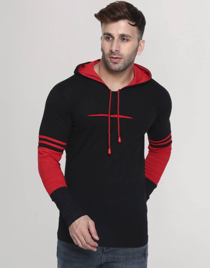 Men Color Block Hooded Neck Red, Black T-Shirt Price in India