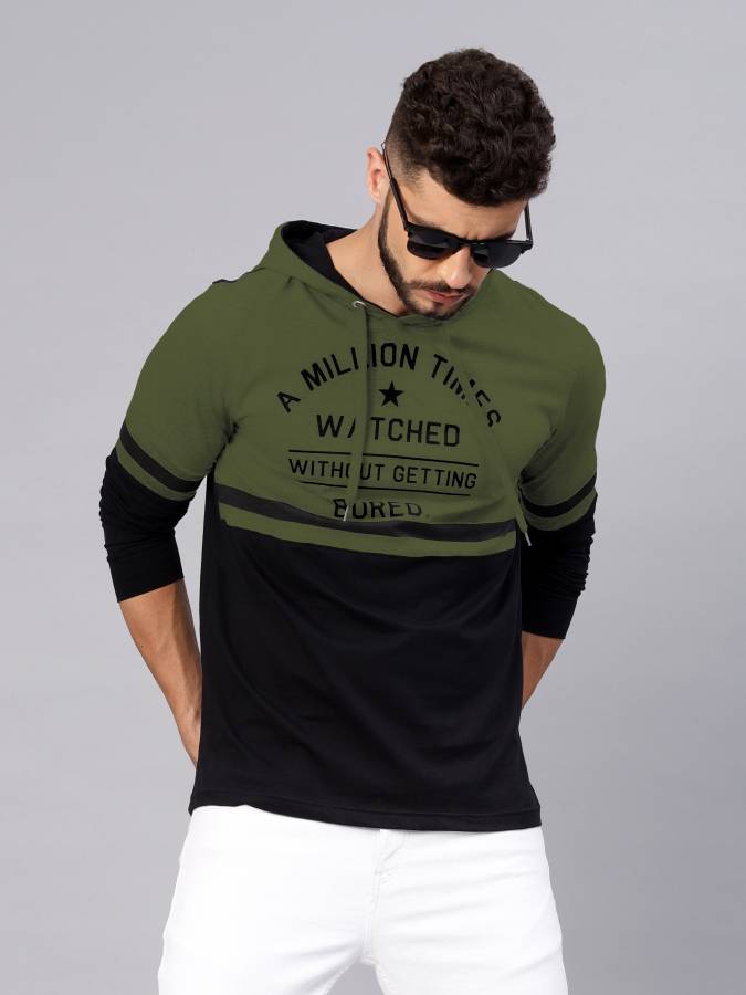 Printed Men Hooded Neck Dark Green, Black T-Shirt Price in India