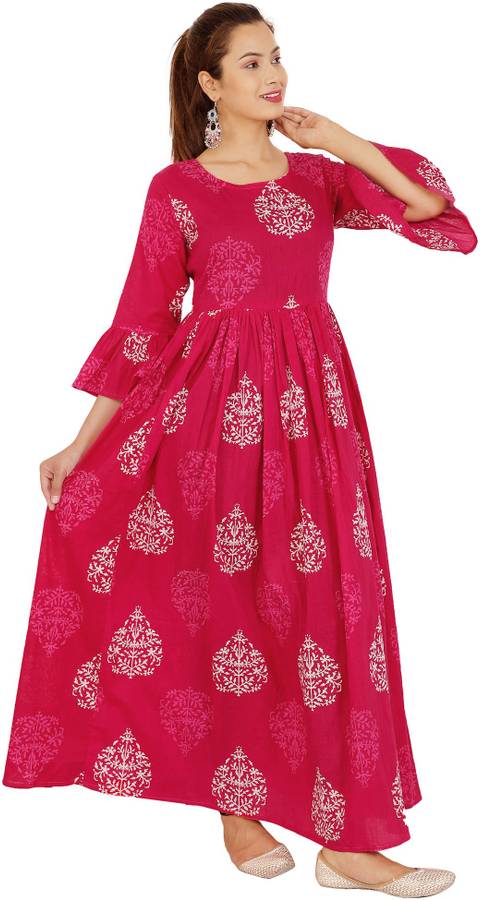 Women Fit and Flare White, Pink Dress